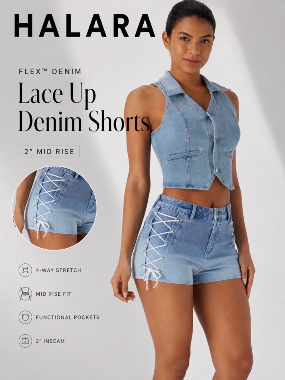 Halara Flex™ Mid Rise Lace Up Gradient Denim Casual Shorts 2” Blue Size M NWT